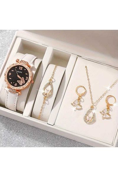 Beyna Rose Gold Plated Crystal Stones Ornament Butterfly Necklace Earrings Bracelet Watch Gift Set for Lover, Mother