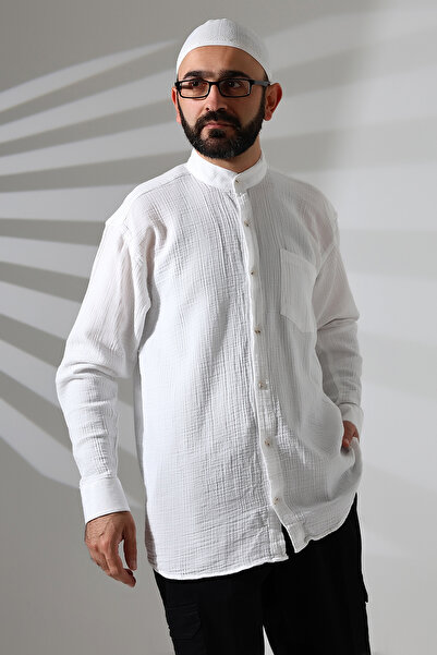 ihvan online Ανδρικό λινό πουκάμισο με μακρυμάνικο γιακά δικαστή λευκό