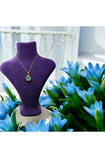 feyza collection قلادة من الفولاذ الذهبي المقاوم للتشوه 316L مع حجر الزركون الأزرق