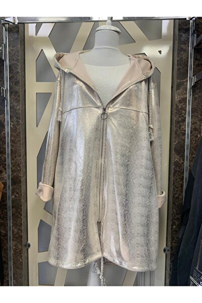 günay boutıque Shiny Woven Gold Color Hooded Design Jacket