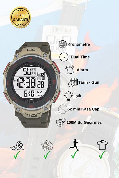 Q&Q Silicone Band Men's Wrist Watch with Digital Stopwatch Calendar
