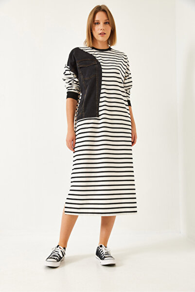 Bianco Lucci Γυναικείο ριγέ μονό τζιν φόρεμα γαρνιρισμένο μακρύ φόρεμα 8199 60351351