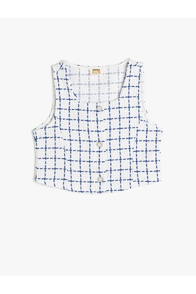 Koton Square Collar Plaid Print Sleeveless Crop Tweed Vest