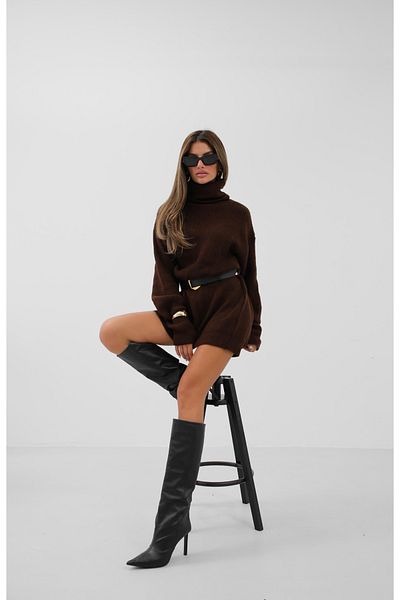 Black Fashion Turtleneck Brown Oversize Knitwear Tunic