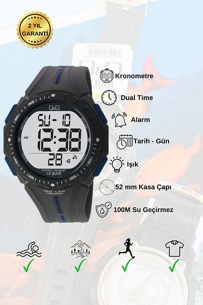 Q&Q Silicone Band Men's Wrist Watch with Digital Stopwatch Calendar