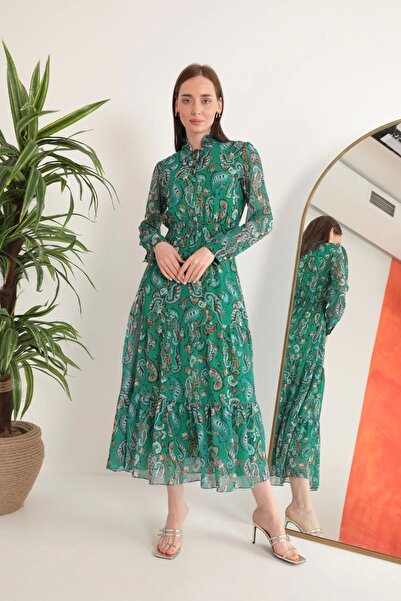 Genel Markalar Şifon Kumaş Etnik Detay Yakası Gipeli Kadın Elbise-Yeşil