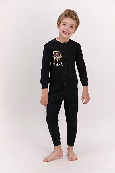 U.S. Polo Assn. Licensed Black Boy Zippered Long Sleeve Jumpsuit
