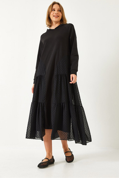 Bianco Lucci Kadın Kapişonlu Puantiyeli Uzun Elbise 8078 60351357