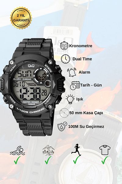 Q&Q Silicone Band Men's Wrist Watch with Digital Stopwatch Calendar