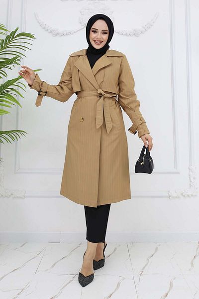 benguen Camel ριγέ καμπαρντίνα - με ζώνη μέσης και μανίκι 61646