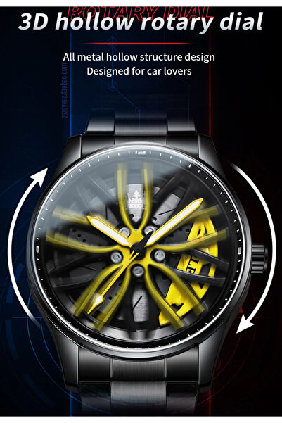 OLEVS Su Geçirmez Şık Jant Spor Araba Modeli Içi Dönen Erkek Kol Saati Iç Kadran Sarı Renk