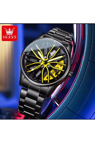 OLEVS Waterproof Stylish Rim Sports Car Model Rotating Men's Wristwatch Inner Dial Yellow Color