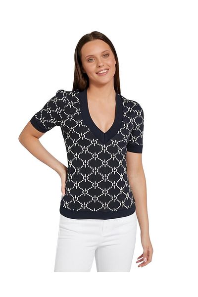 MAMAYAGA Women's V-Neck Patterned Half Sleeve Knitwear Sweater Blouse