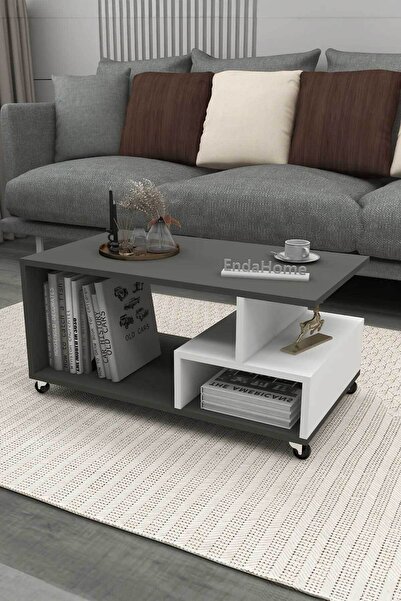 Reyo Enda Home Sultan Tekerlekli Orta Sehpa Raflı Gazetelikli 86,5x50 cm Antr...