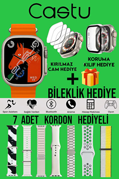 LENSUN 49mm Ultra Akıllı Saat +7 Kordon+ Kırılmaz Cam +Kılıf Ve Bileklik Hediyeli Oyunlu ve Türkçe Özel Set