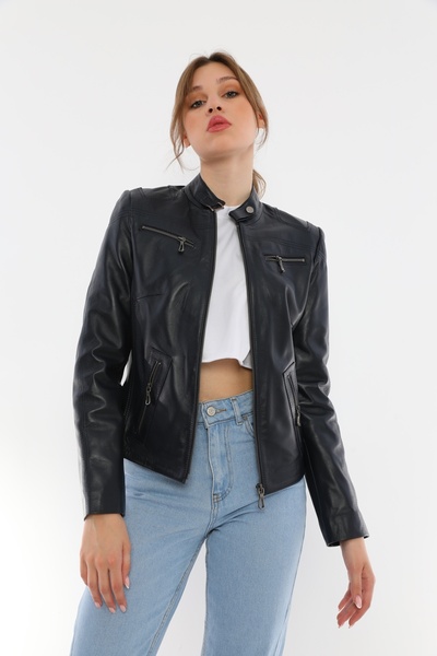 Basics&More Women's Genuine Leather Navy Blue Jacket-B2327