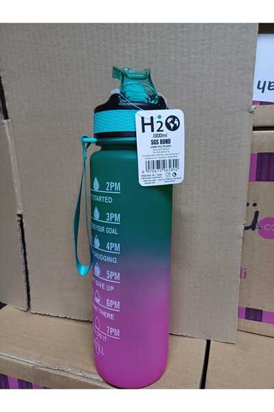 Dükkanönü Pink Green Lockable Leak Proof Lid Flask with Straw and Motivational Lettering Flask 1 Liter