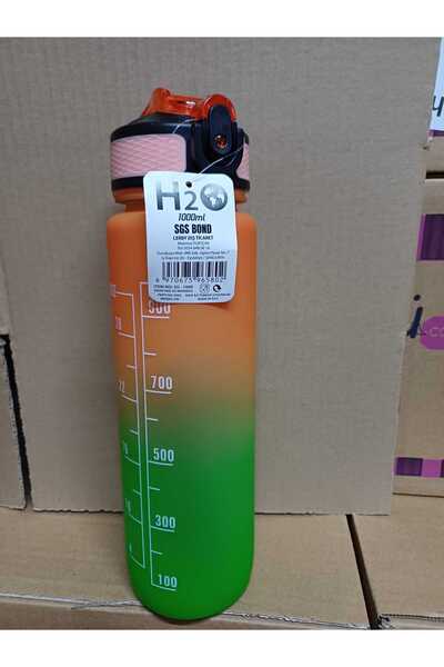 Dükkanönü Green-Orange Lockable Leak Proof Lid Flask with Straw and Motivational Lettering Flask 1 Liter