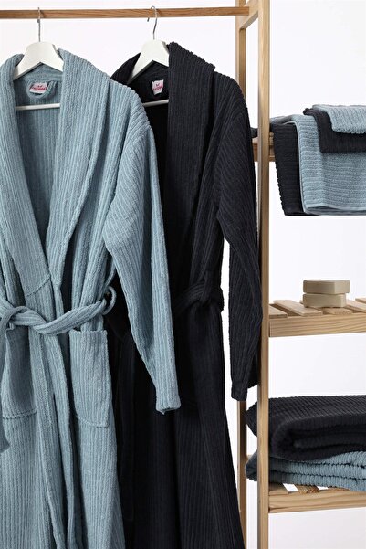 Nurpak 8 Piece Cotton Family Bathrobe Set - Anthracite and Mint