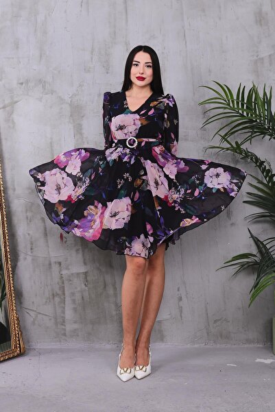 ZEYWEAR Desenli Kloş Şifon Elbise