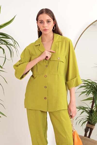 Genel Markalar Keten Kumaş Kemer Detay Cepli Kadın Tunik-YAĞ YEŞİLİ