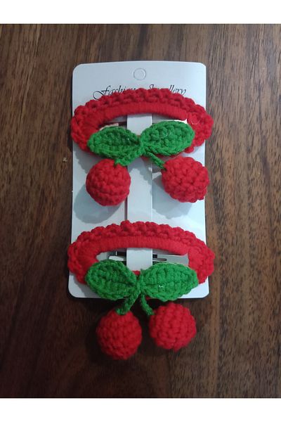 Handmade 2-Piece Knitted Cherry Buckle Snap Set
