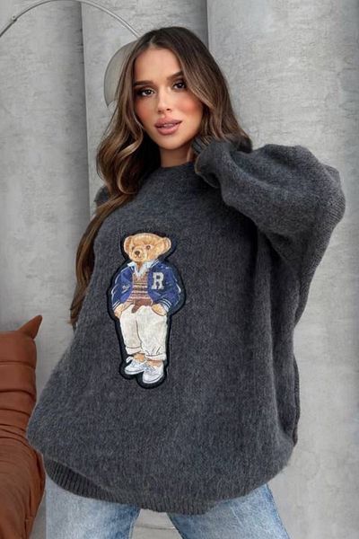 Ded COLLECTION Pulover de damă, cu croială relaxată, cu decolteu rotund, cu textura moale, cu ursuleț