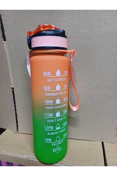 Dükkanönü Green-Orange Lockable Leak Proof Lid Flask with Straw and Motivational Lettering Flask 1 Liter