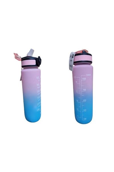 Dükkanönü Blue-Pink Lockable Leak Proof Lid Flask with Straw and Motivational Lettering Flask 1 Liter