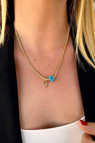 Trendy Butik T Harfli Kolye Altın Renk Burgu Zincirli Murano Cam Boncuklu Kişiye Özel T Harf Kolye