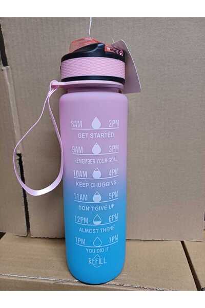 Dükkanönü Blue-Pink Lockable Leak Proof Lid Flask with Straw and Motivational Lettering Flask 1 Liter