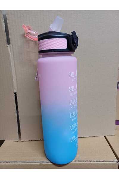 Dükkanönü Blue-Pink Lockable Leak Proof Lid Flask with Straw and Motivational Lettering Flask 1 Liter