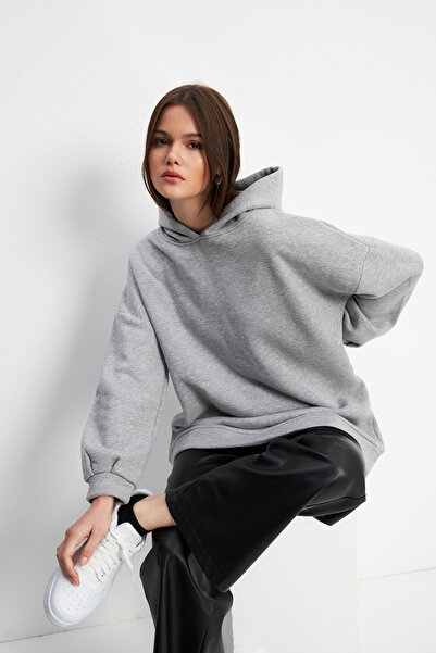 Yefrastore Γυναικείο φούτερ με κουκούλα σε γκρι μελανζέ Oversize Rose Gold