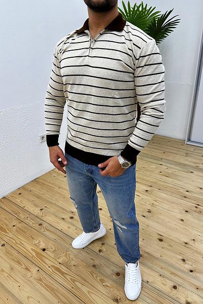VİP LOKAL Πλεκτό βαμβακερό πουλόβερ με κρεμ φερμουάρ Polo γιακά