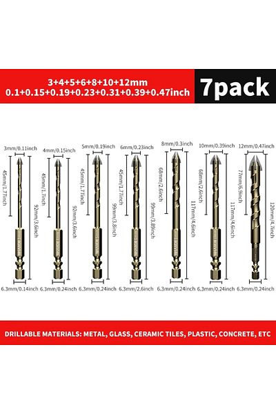 Choice 7pcs 5pcs/7pcs 3-12mm Cross Hex Tile Drill Bit For Glass Concrete Ceramic Tile Hole Opener, Tungsten