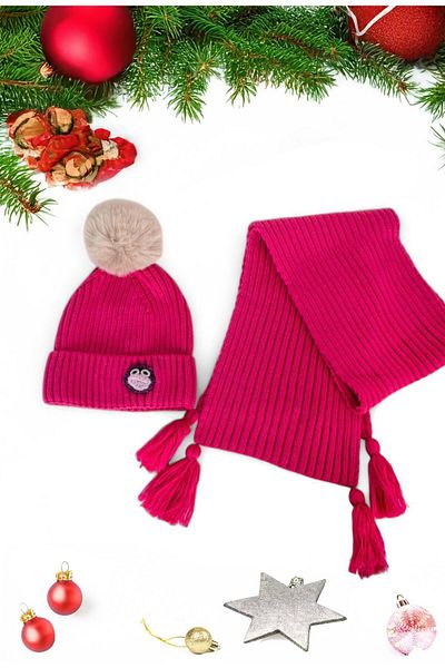 Eke Tekstil Fuchsia Duck Embroidered Children's 1-8 Years Old Scarf and Beanie Set