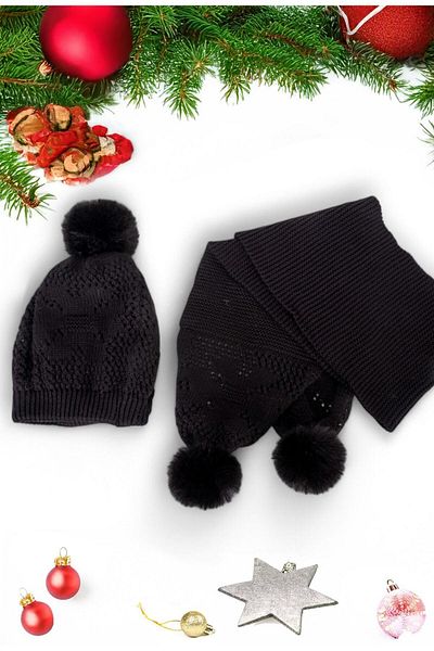 Eke Tekstil Anthracite Plain Patterned Pompom 1-8 Years Old Children's Scarf and Beanie Set