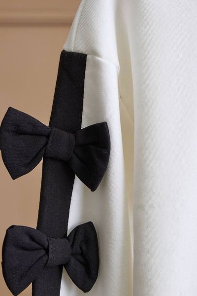 Lolliboomkids New Season Girls' Ribbon Bow Detailed Cotton Tracksuit Set with Black and White Stripe