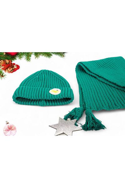 Eke Tekstil Green Duck Embroidered Children's 1-8 Years Old Scarf and Beanie Set