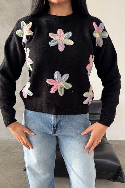 Ded COLLECTION Pulover de damă, cu broderie de flori colorate, cu gâtul turn, cu textura moale