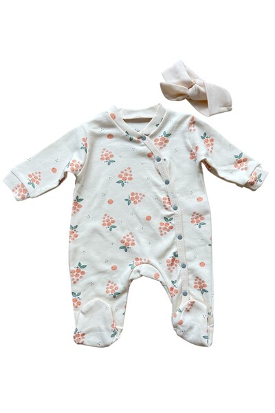 esya baby Üzüm Desenli Bandanalı Kız Bebek Tulum Seti