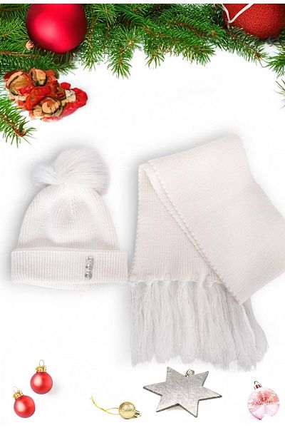 Eke Tekstil White Plain Pompom Tasseled 1-8 Years Old Girls' Scarf and Beanie Set