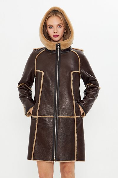 By Marki Marki Genuine Leather Hooded Oversize Women's Coat - Fur Inside - Dark Brown 90 Cm- 113422