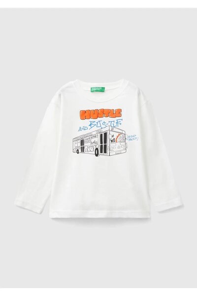 United Colors of Benetton Erkek Çocuk Beyaz Önü Araç Baskılı Bisiklet Yaka Uz...