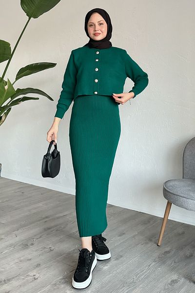 InStyle Cardigan Ribbed Double Emerald Green Knitwear Set