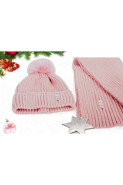 Eke Tekstil Powder Plain Pompom Buttoned Women's Scarf and Beanie Set