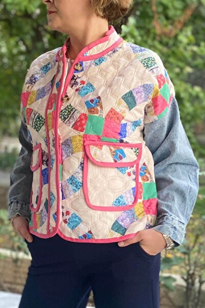 Mia Butik Kadın Krem Patchwork Desenli Ceket
