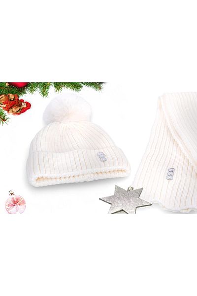 Eke Tekstil White Plain Pompom Buttoned Women's Scarf and Beanie Set