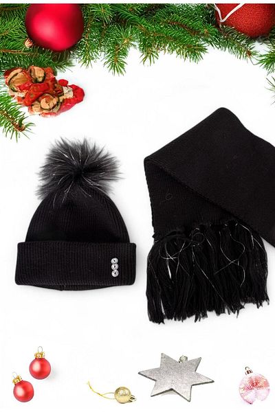 Eke Tekstil Black Plain Pompom Tasseled 1-8 Years Old Girls' Scarf and Beanie Set