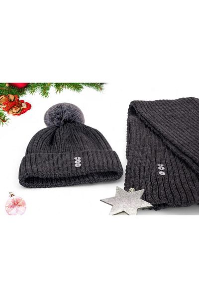 Eke Tekstil Anthracite Plain Pompom Buttoned Women's Scarf and Beanie Set